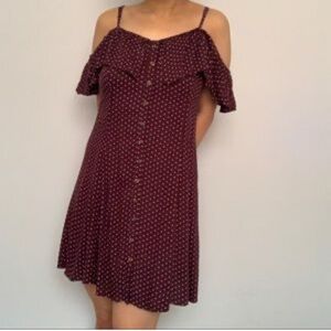 Burgundy polka dot dress full button off shoulder girlie mini dress size 0